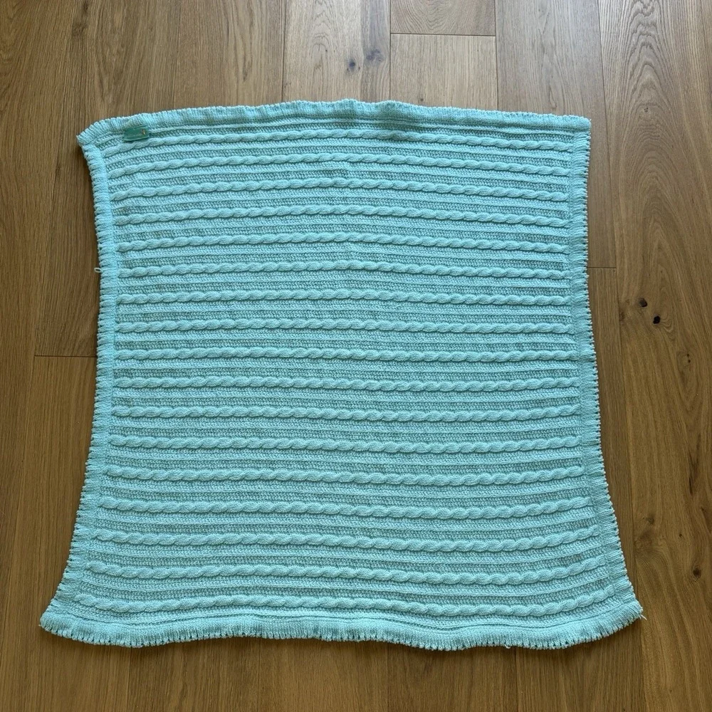 Tiddliwinks Aqua Teal Blue Chenille Baby Blanket Sweater Cable Knit Soft Rare